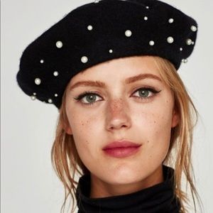 Zara Black Beret with Pearl Accents